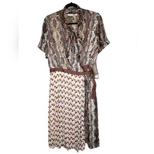 NWT Eva Mendes Chevron Snakeskin Midi Wrap Lined Dress Brown Black White Size L